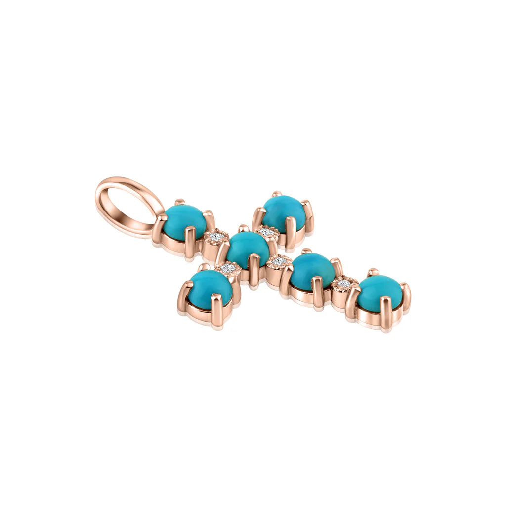 Diamond Cross Turquoise Pendant in 14K Rose Gold